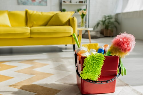 House cleaning supplies in a residential living room